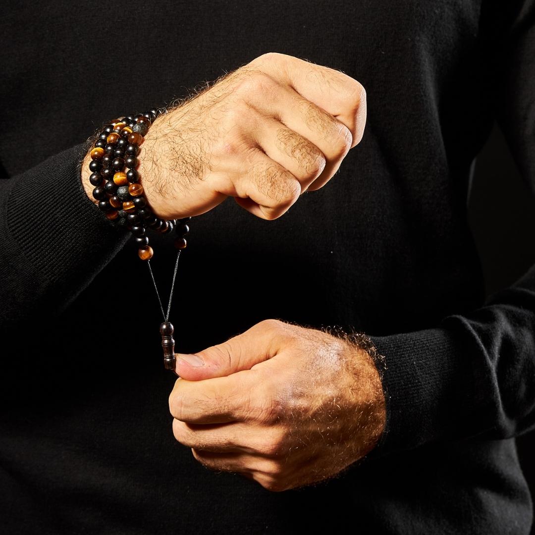 The Companion Sibha Bracelet: Tiger's Eye, Ebony, and Lava - 99 Beads, 8mm