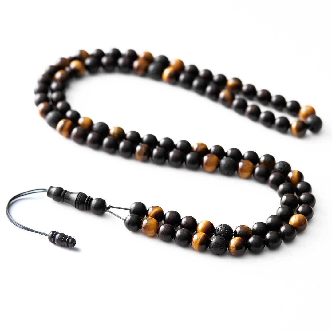 The Companion Sibha Bracelet: Tiger's Eye, Ebony, and Lava - 99 Beads, 8mm