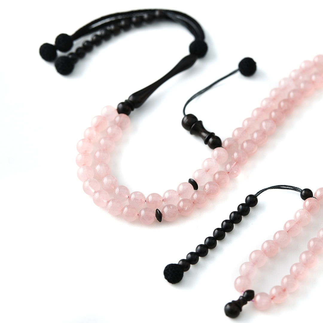 The Lady Sibha: Rose Quartz and Ebony - 100 Beads, 8mm