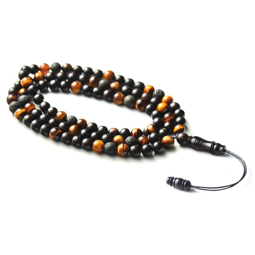 The Companion Sibha Bracelet: Tiger's Eye, Ebony, and Lava - 99 Beads, 8mm
