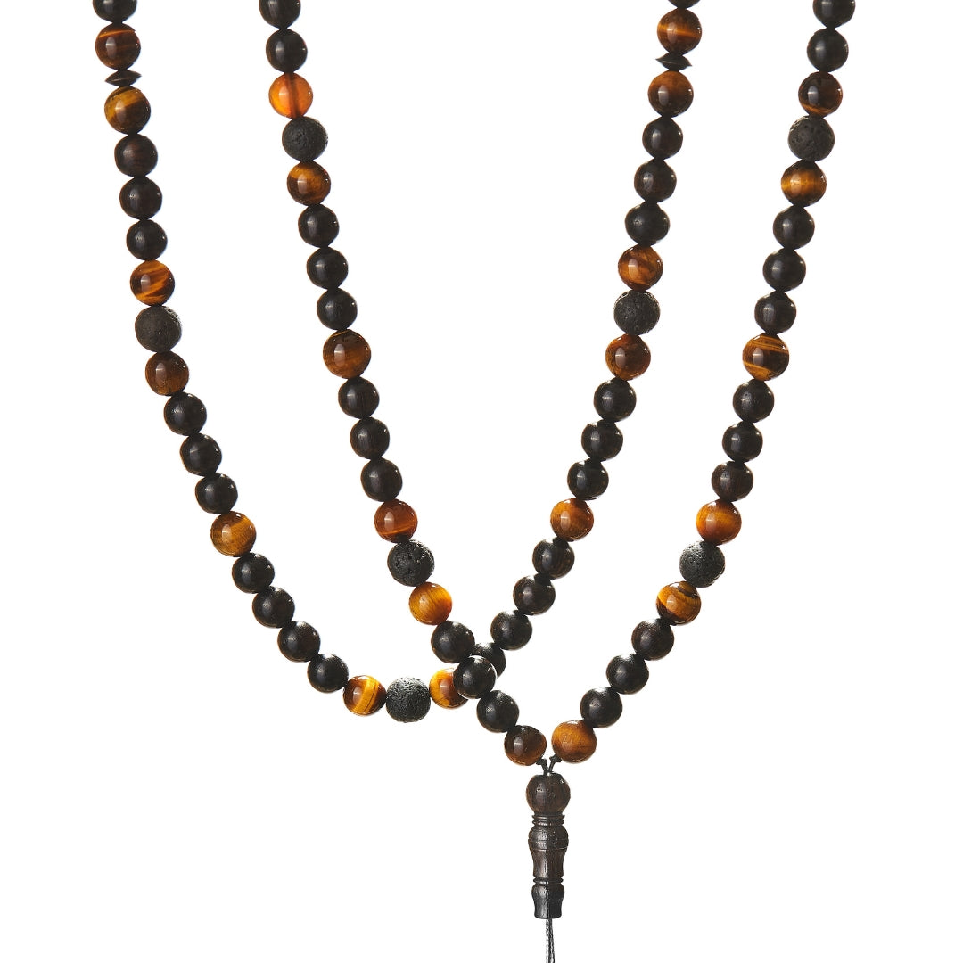 The Companion Sibha Bracelet: Tiger's Eye, Ebony, and Lava - 99 Beads, 8mm