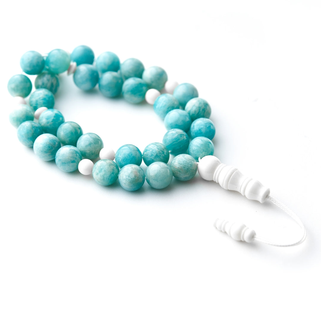The Voyager Sibha Bracelet: Amazonite and Dromedary (Unisex) - 33 Beads, 10mm