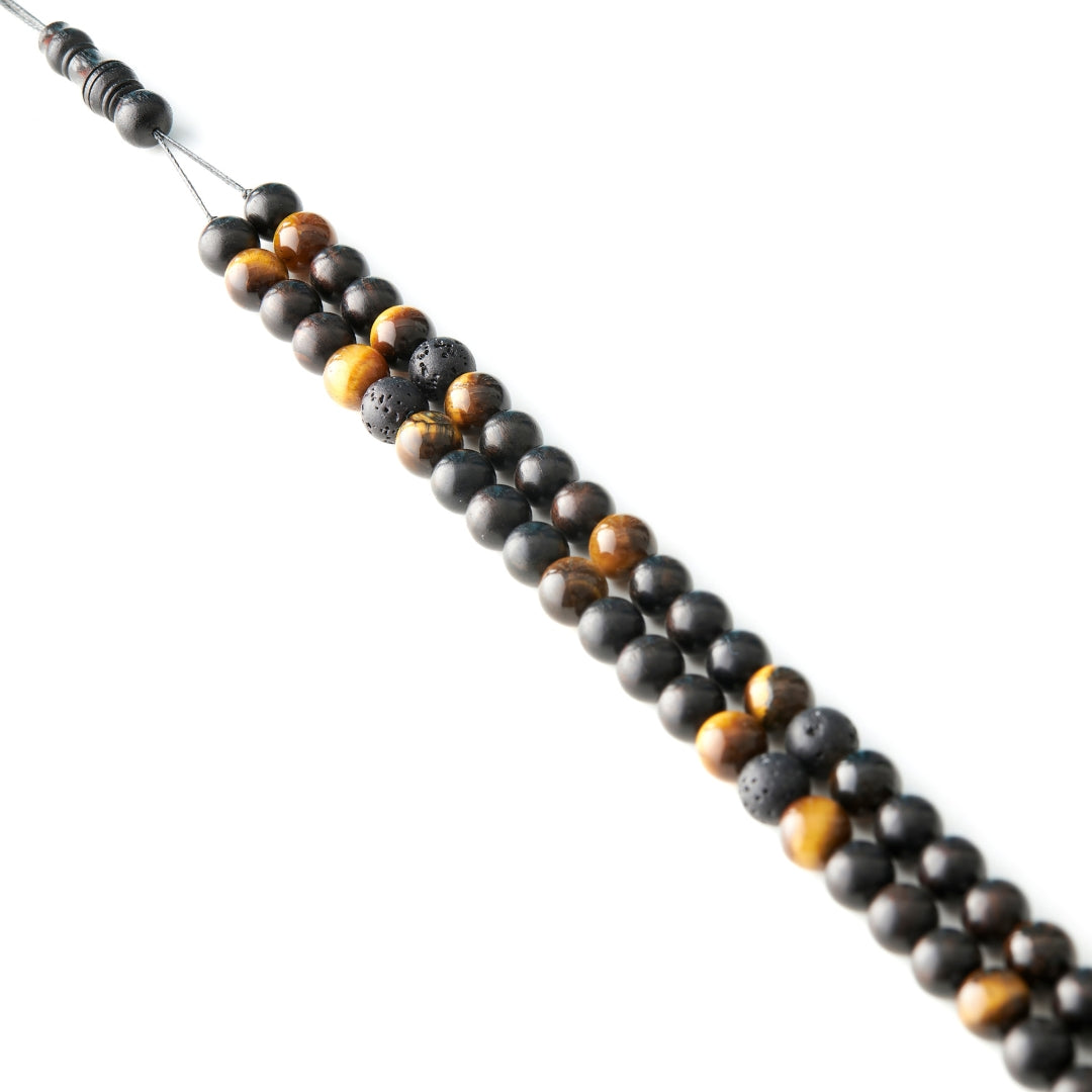 The Companion Sibha Bracelet: Tiger's Eye, Ebony, and Lava - 99 Beads, 8mm