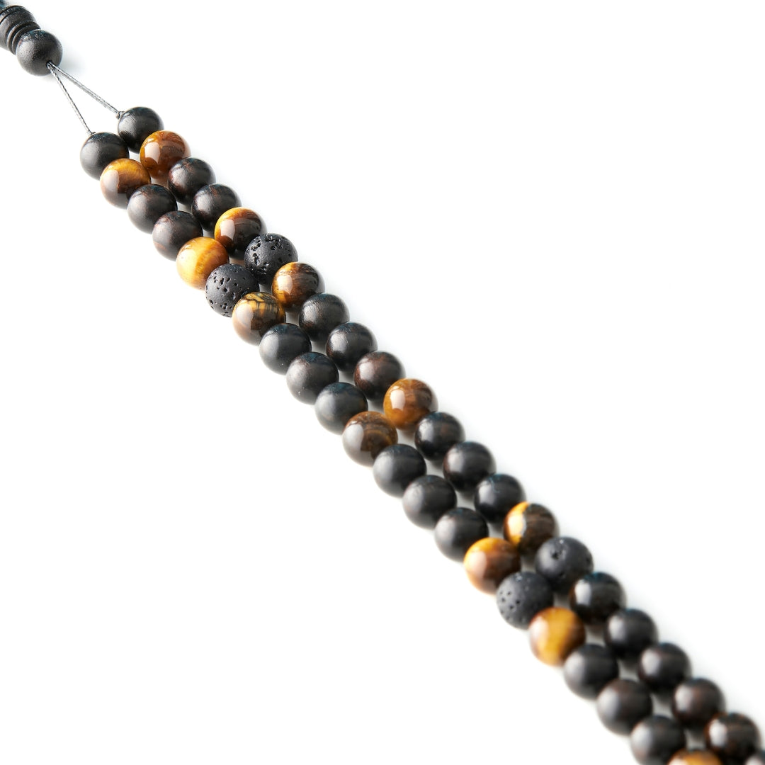 The Companion Sibha Bracelet: Tiger's Eye, Ebony, and Lava - 99 Beads, 8mm