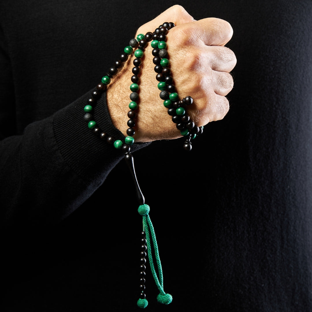 The One-Million Sibha: Malachite, Lava, and Ebony - 100 Beads, 8mm