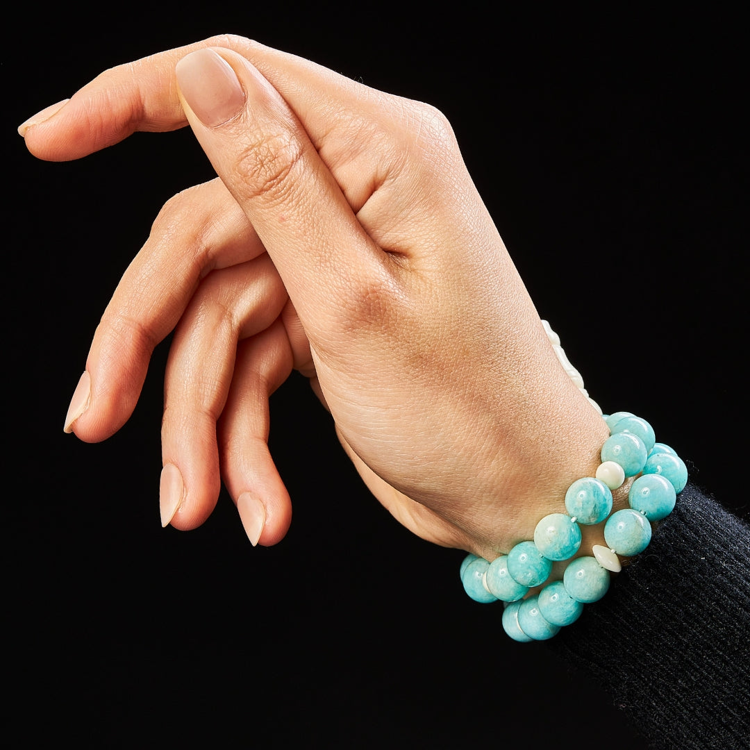 The Voyager Sibha Bracelet: Amazonite and Dromedary (Unisex) - 33 Beads, 10mm