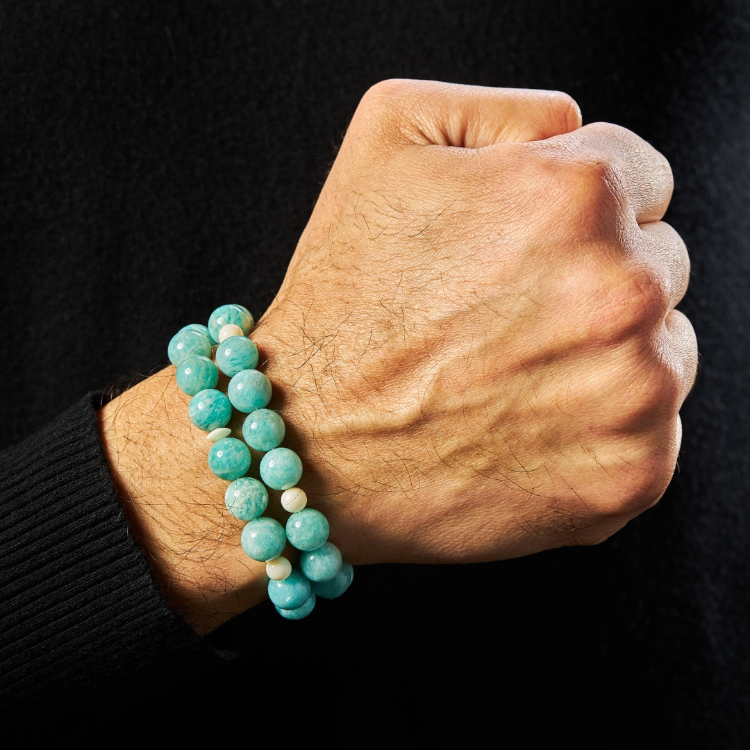The Voyager Sibha Bracelet: Amazonite and Dromedary (Unisex) - 33 Beads, 10mm