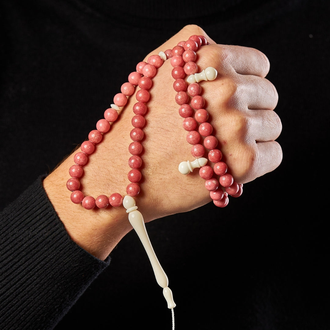 The Ethereal Sibha: Thulite and Dromedary - 99 Beads, 8mm