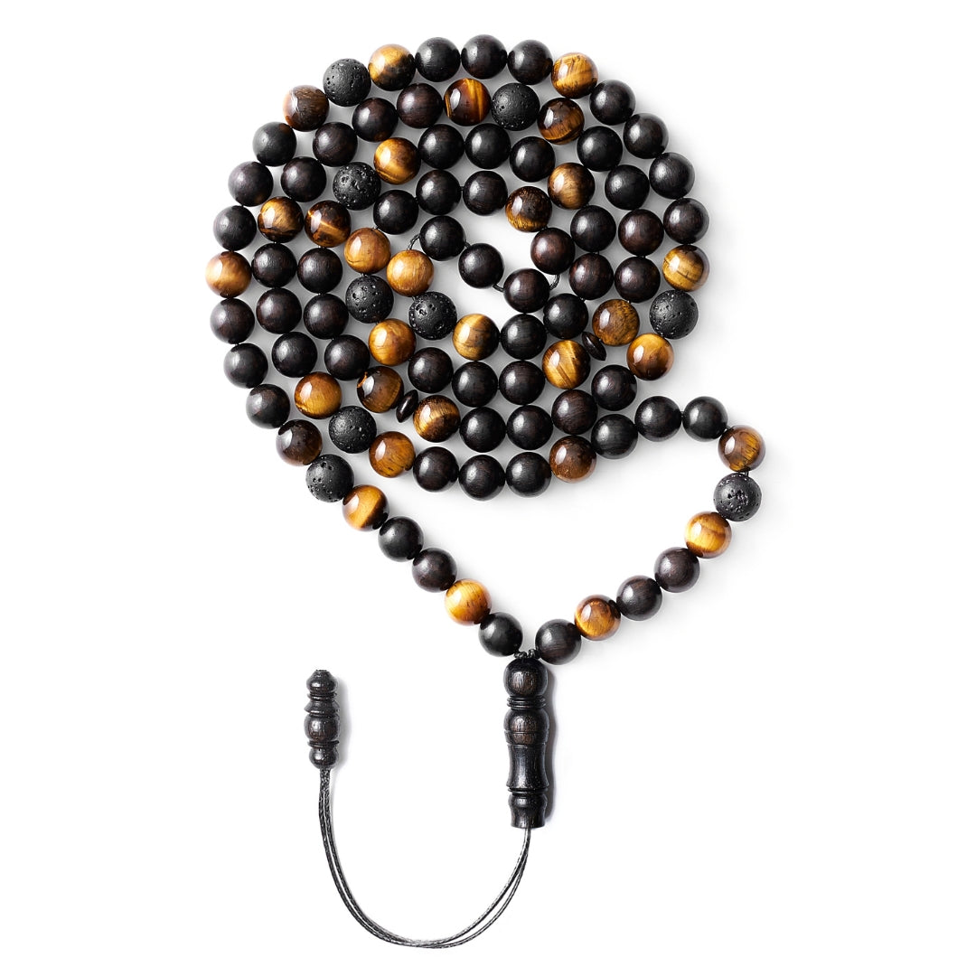 The Companion Sibha Bracelet: Tiger's Eye, Ebony, and Lava - 99 Beads, 8mm