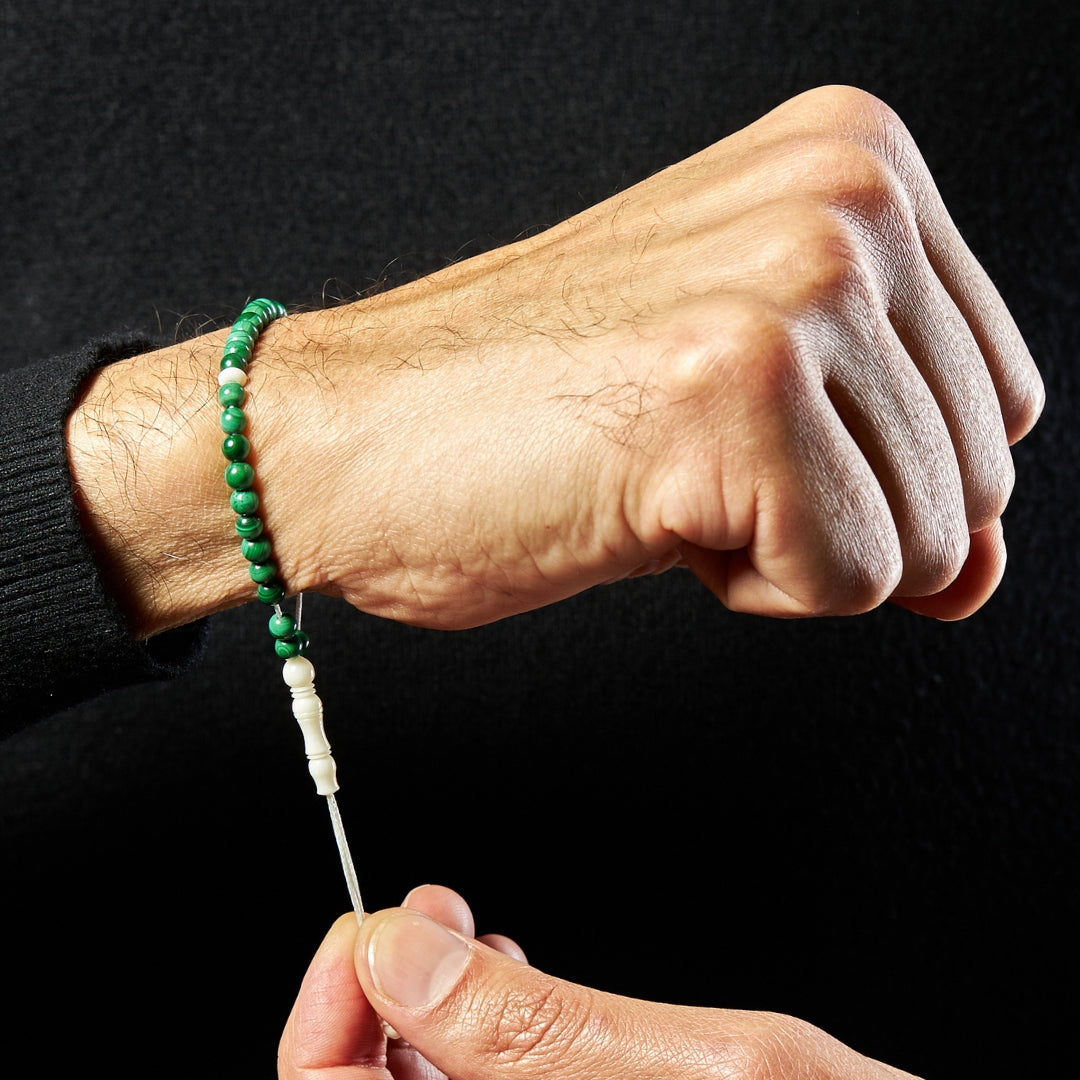 The Traveller Sibha Bracelet: Malachite and Dromedary - 33 Beads, 5mm