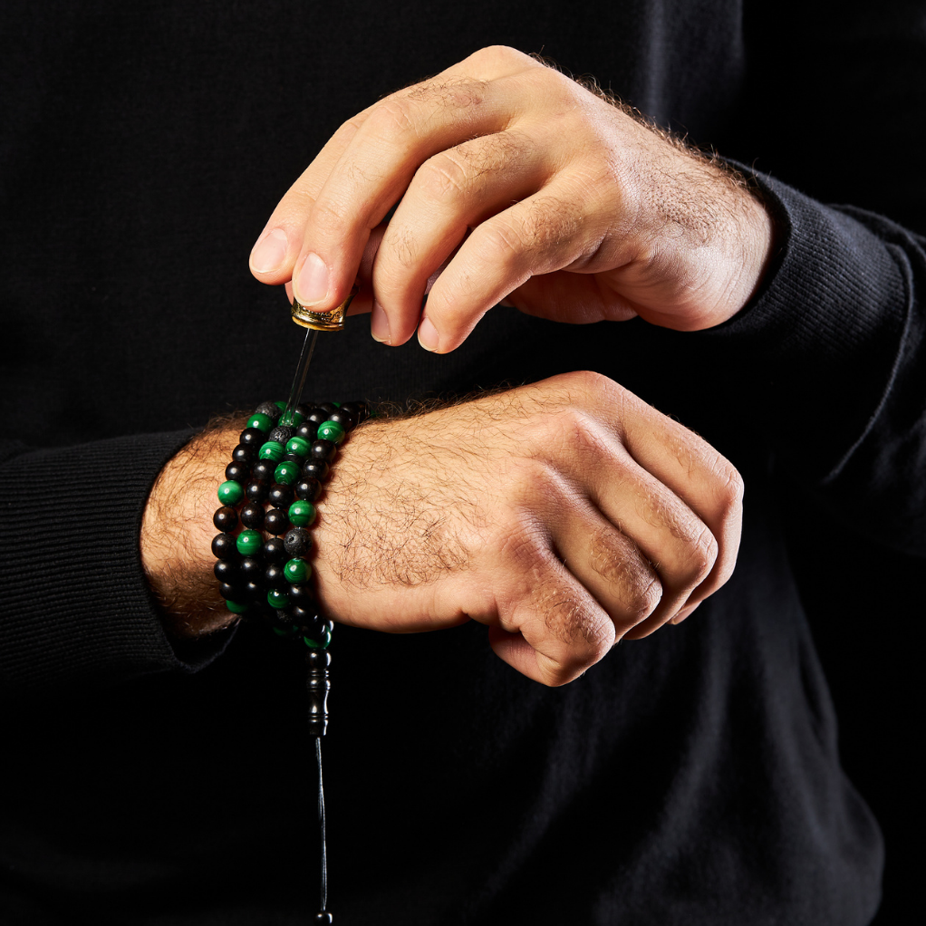 The Companion Misbaha Bracelet: Malachite, Ebony and Lava - 99 Beads, 8mm