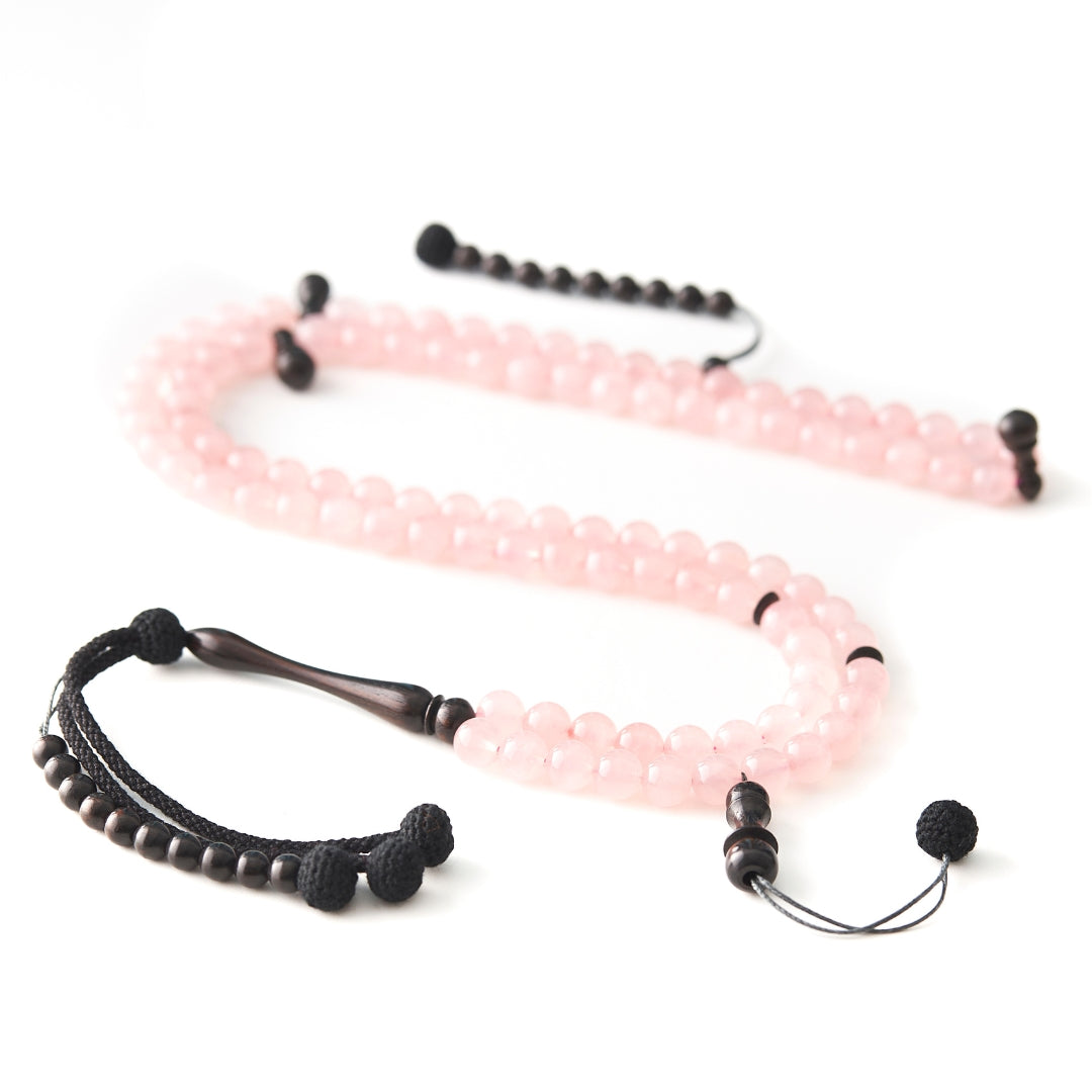 The Lady Sibha: Rose Quartz and Ebony - 100 Beads, 8mm