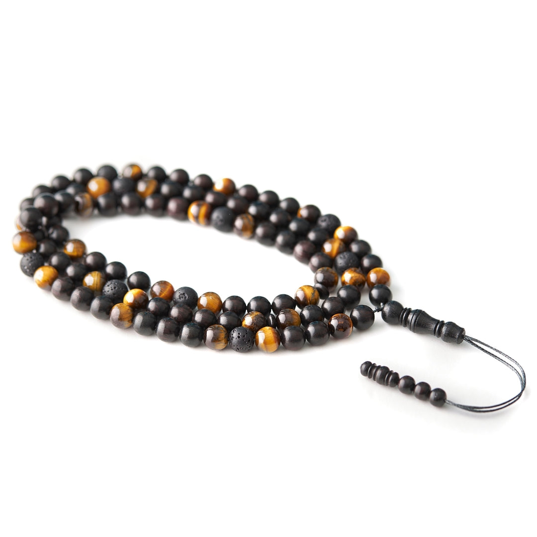 The Companion Misbaha Bracelet: Tiger's Eye, Ebony, and Lava - 99 Beads, 8mm