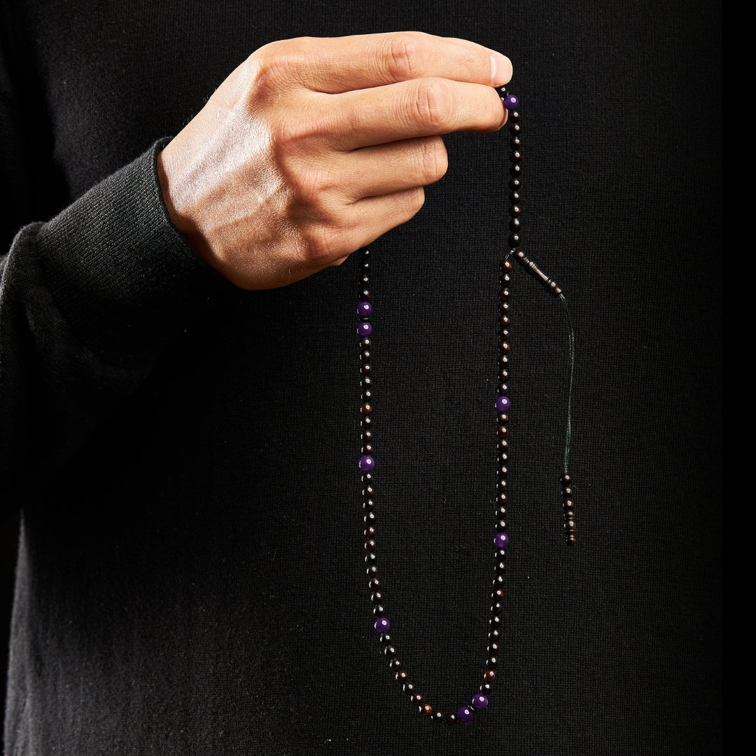 The Traveller Sibha Bracelet: Amethyst and Ebony - 99 Beads, 5.5mm