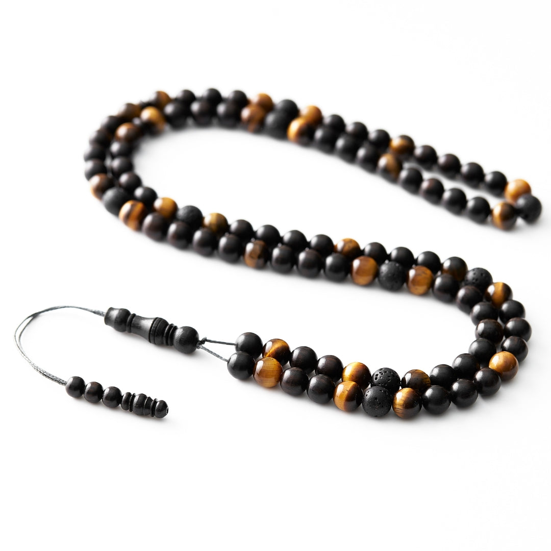 The Companion Misbaha Bracelet: Tiger's Eye, Ebony, and Lava - 99 Beads, 8mm