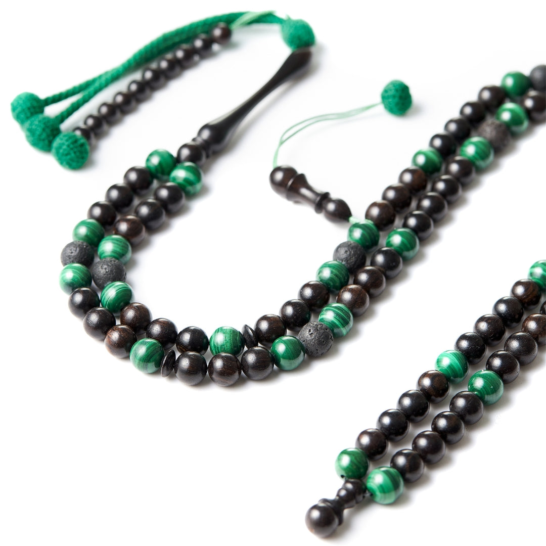 The One-Million Sibha: Malachite, Lava, and Ebony - 100 Beads, 8mm