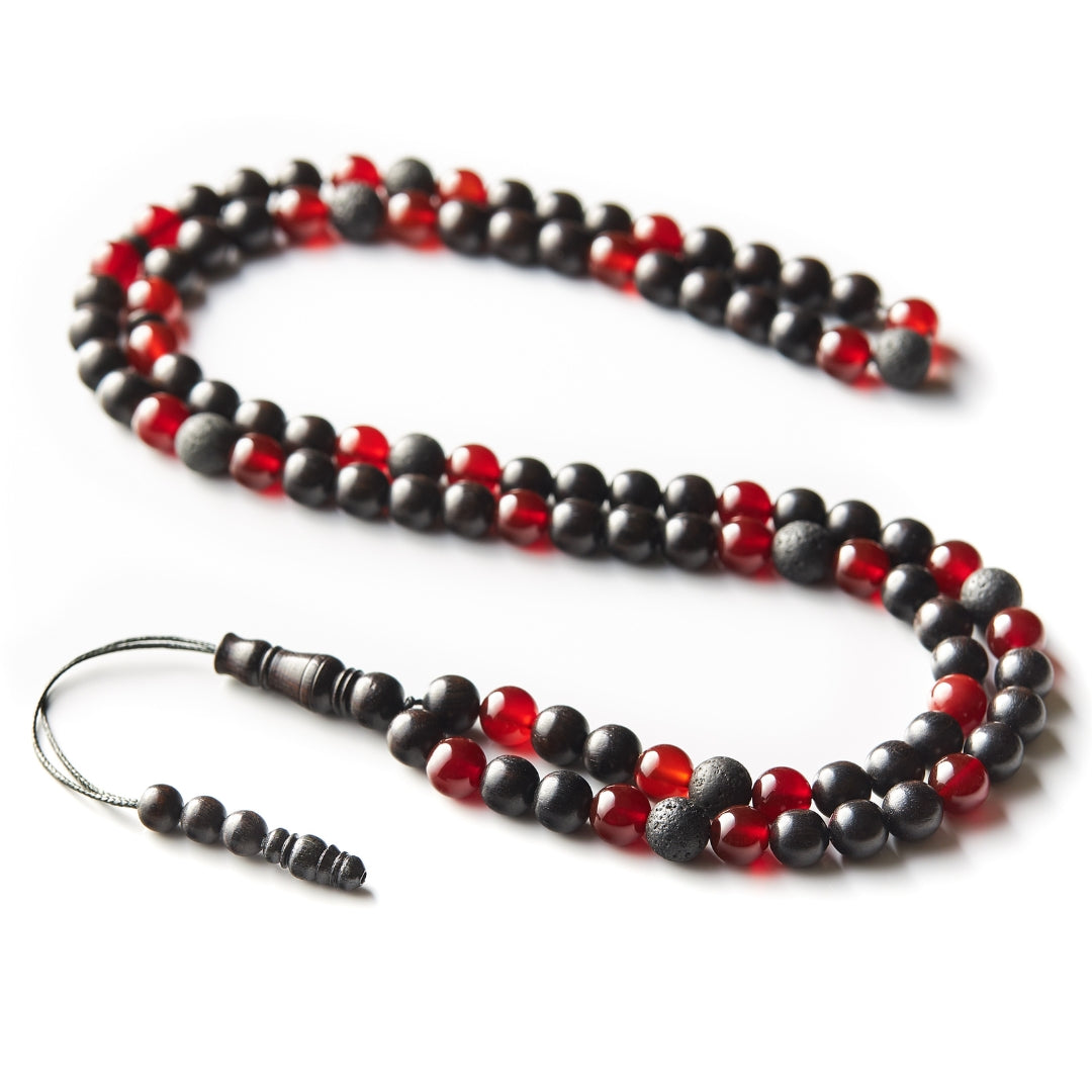 The Companion Misbaha Bracelet: Aqeeq, Ebony, and Lava - 99 Beads, 8mm